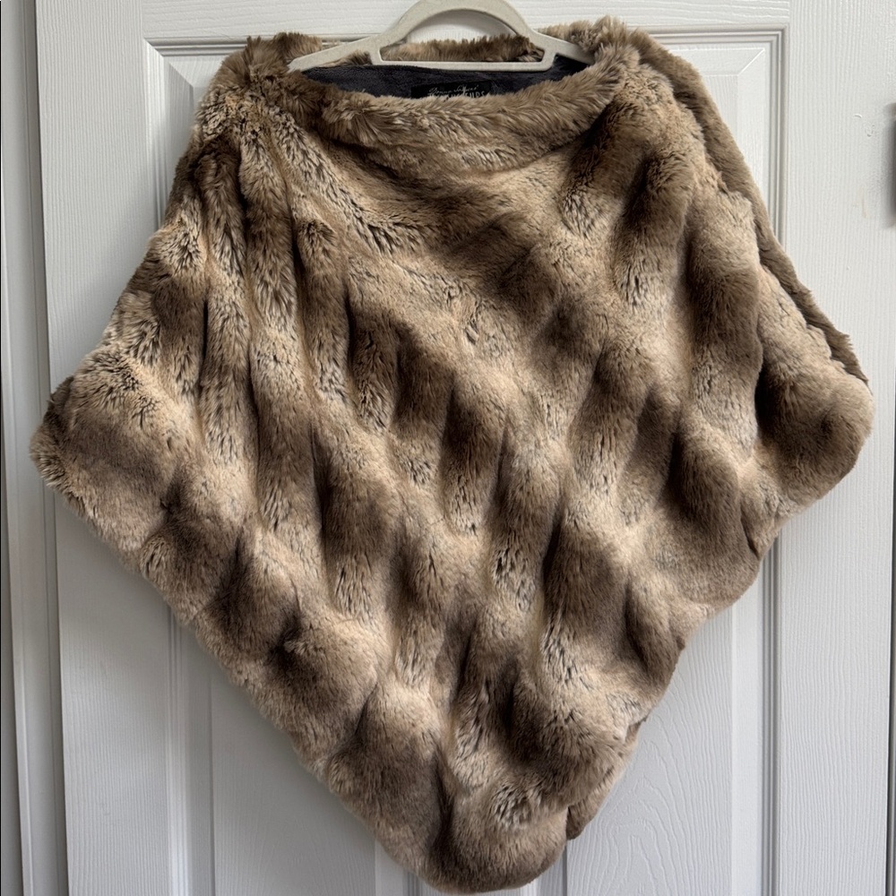Donna Salyers Fabulous Furs Faux Fur Poncho in Tan and Gray One Size